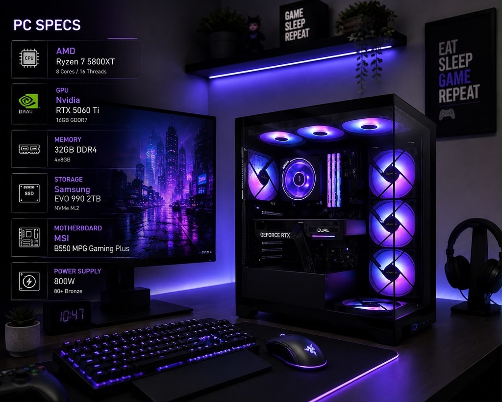High-End PC Build — Ryzen 7 5800XT · 32GB DDR4 · 2TB NVMe · RTX 5060 Ti