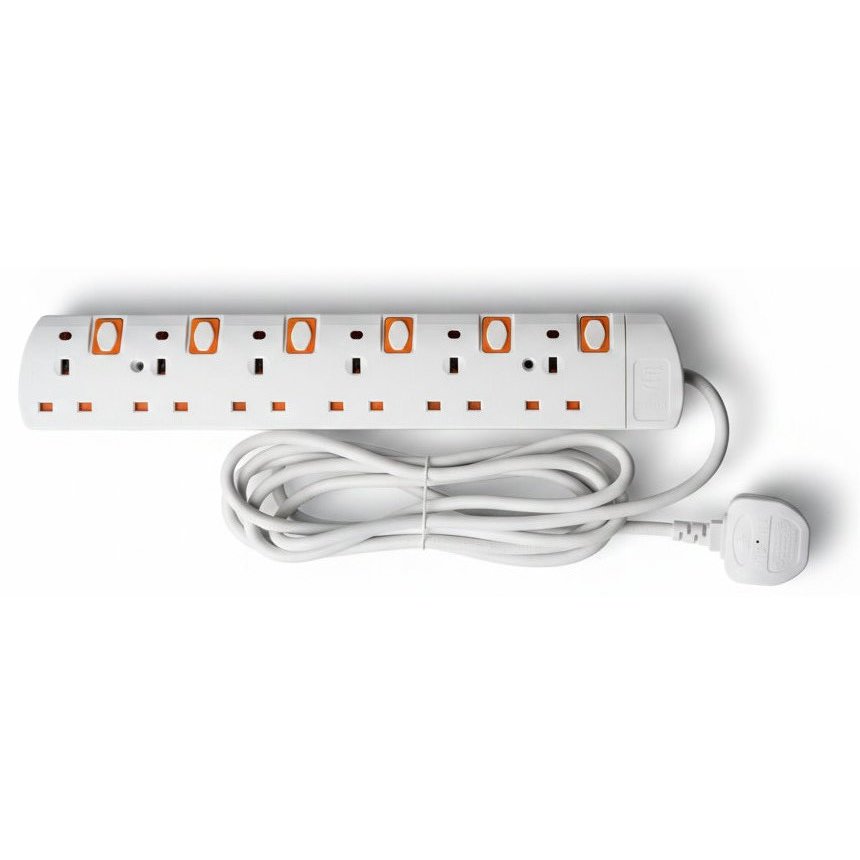 Power Extension UK Plugs - Switch and LED - 6 Way 5m